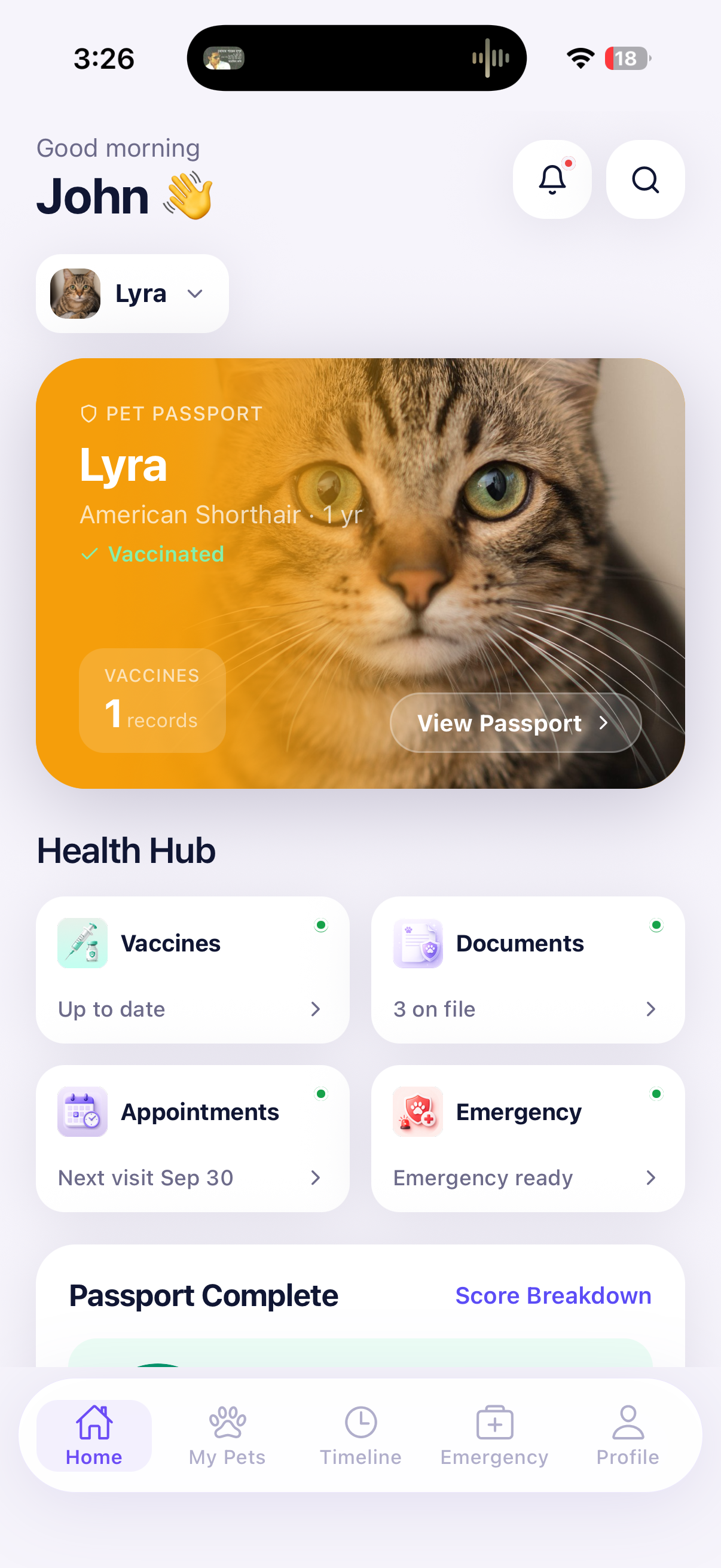Petlyst app home screen showing a pet passport, vaccination status, documents and emergency quick actions